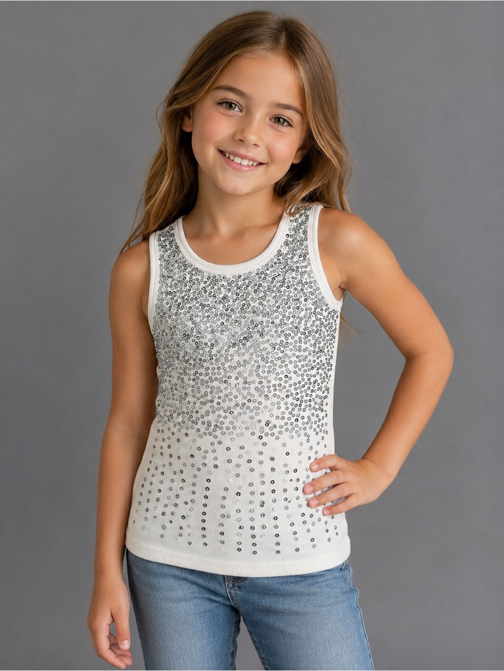 Girls White Embellished Tank Top - Sparkle Accent - 0804